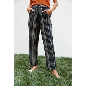 Anthropologie Beach Trousers Black Embroidered Boho Striped High Rise Pants